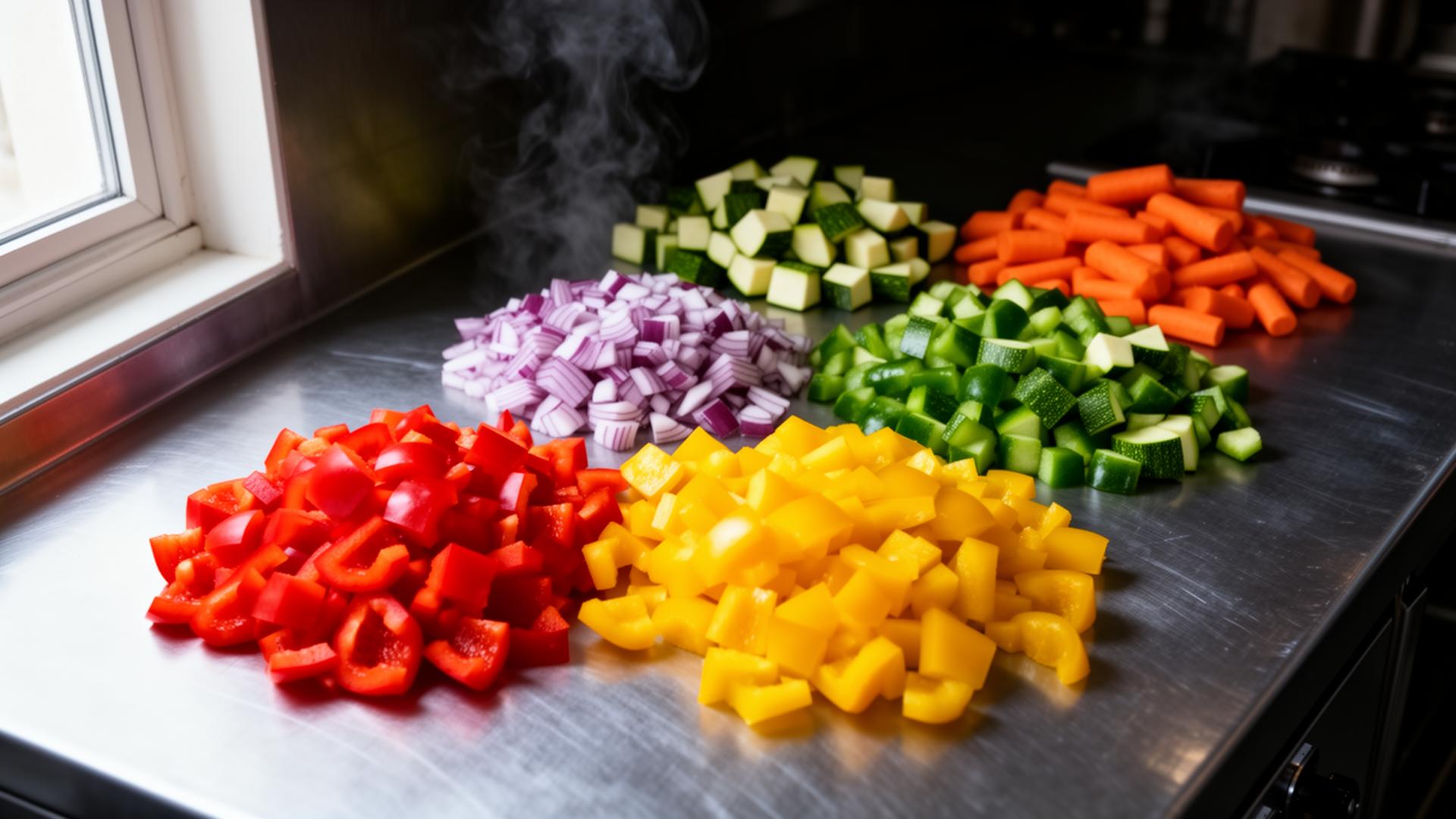 Freshly shredded vegetables prepared in a commercial kitchen